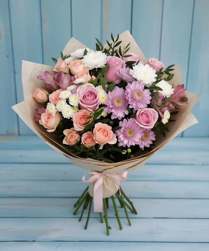 Букет цветов из: Хризантемы, Розы и Альстромерии в Растуново