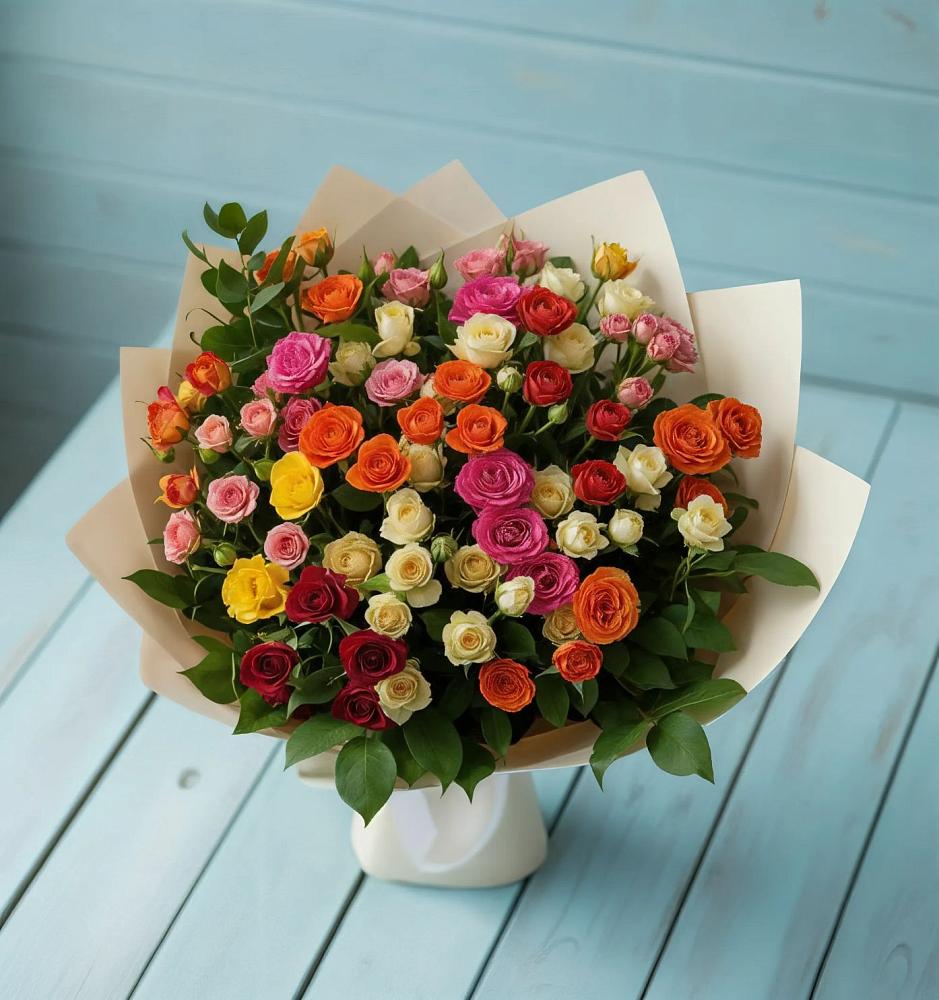 Букет Микс из разноцветных кустовых роз в Растуново