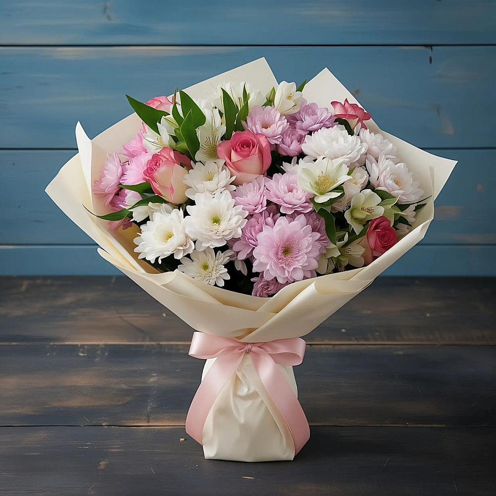 Букет цветов из: Хризантемы, Альстромерии и Розы в Растуново